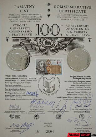10 eur Slovensko 2019 - Univerzita Komenského - Pamätný list - 6 podpisov 10 eur Slovensko 2019 - Univerzita Komenského - Pamätný list - 6 podpisov