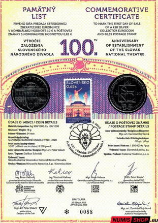10 eur Slovensko 2020 - Slovenské národné divadlo - Pamätný list