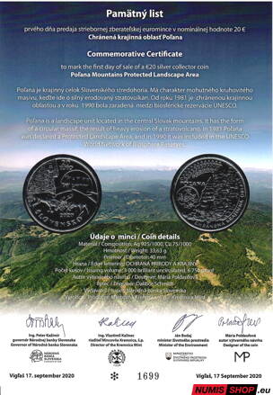 20 eur Slovensko 2020 - Poľana - Pamätný list