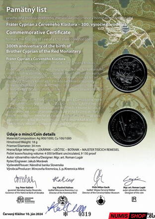 10 eur Slovensko 2024 - Fráter Cyprián z Červeného Kláštora - Pamätný list - 1 podpis