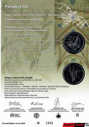 10 eur Slovensko 2024 - Fráter Cyprián z Červeného Kláštora - Pamätný list