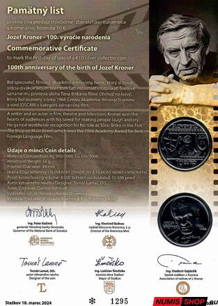 10 eur Slovensko 2024 - Jozef Kroner - Pamätný list