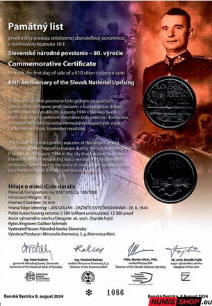 10 eur Slovensko 2024 - Slovenské národné povstanie - Pamätný list