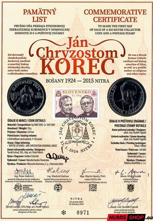 10 eur Slovensko 2024 - Ján Chryzostom Korec - Pamätný list - 2 podpisy