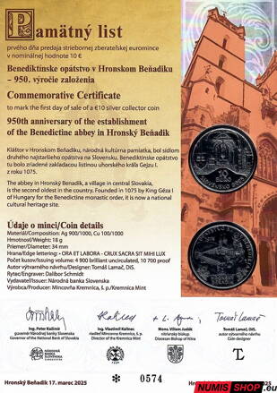 10 eur Slovensko 2025 - Benediktínske opátstvo v Hronskom Beňadiku - Pamätný list