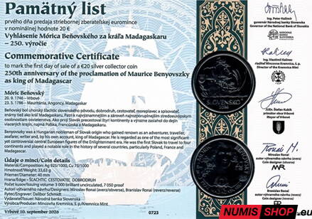 20 eur Slovensko 2026 - Vyhlásenie Mórica Beňovského za kráľa Madagaskaru - Pamätný list