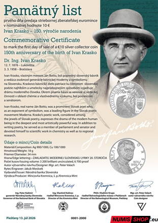 10 eur Slovensko 2026 - Ivan Krasko - Pamätný list