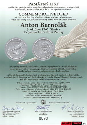 10 eur Slovensko 2012 - Bernolák - Pamätný list