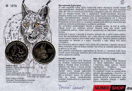 5 eur Slovensko 2022 - Rys ostrovid - autorská karta