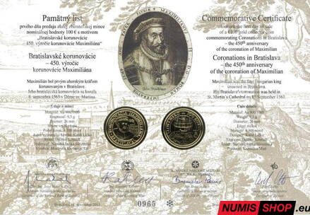 100 eur Slovensko 2013 - Korunovácia Maximiliána - Pamätný list (čísla do 100)